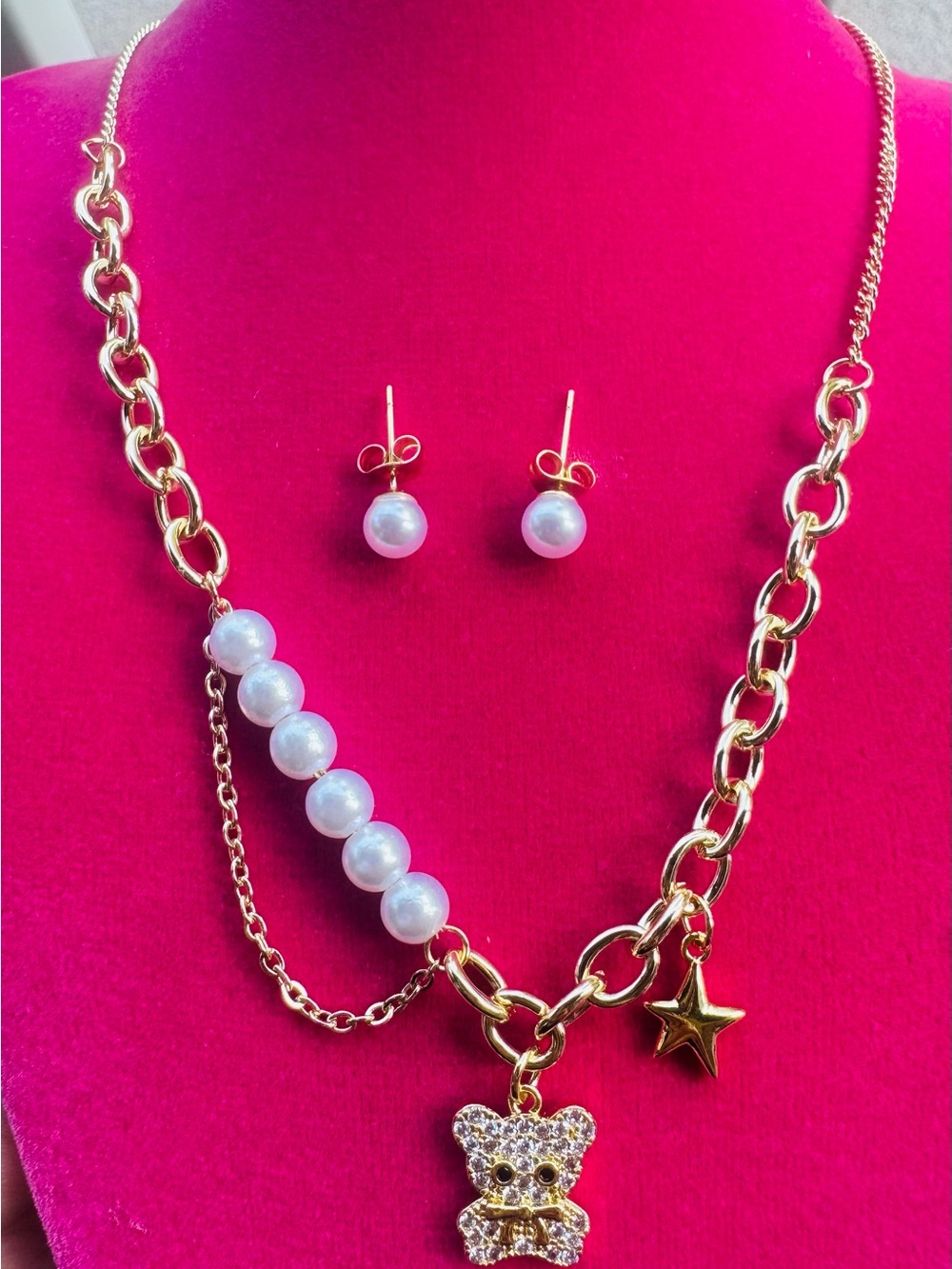 Stainless Steel Pearl Teddy Bear Necklace & Earrings Set